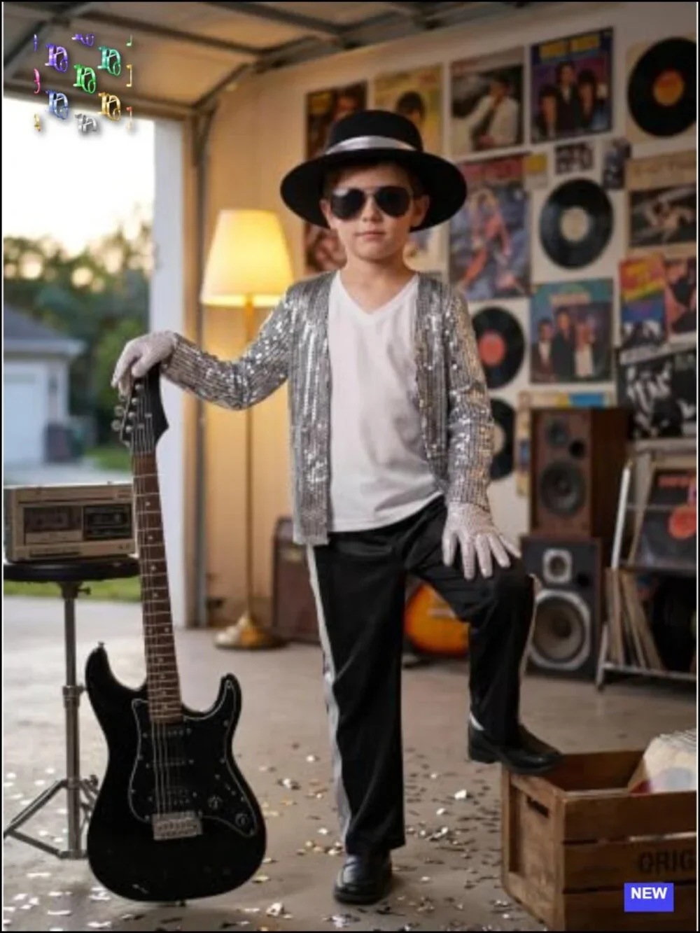 Boys 80s 90s Dance Costume Sequin Shirt Pants Hat Gloves Sunglasses Set